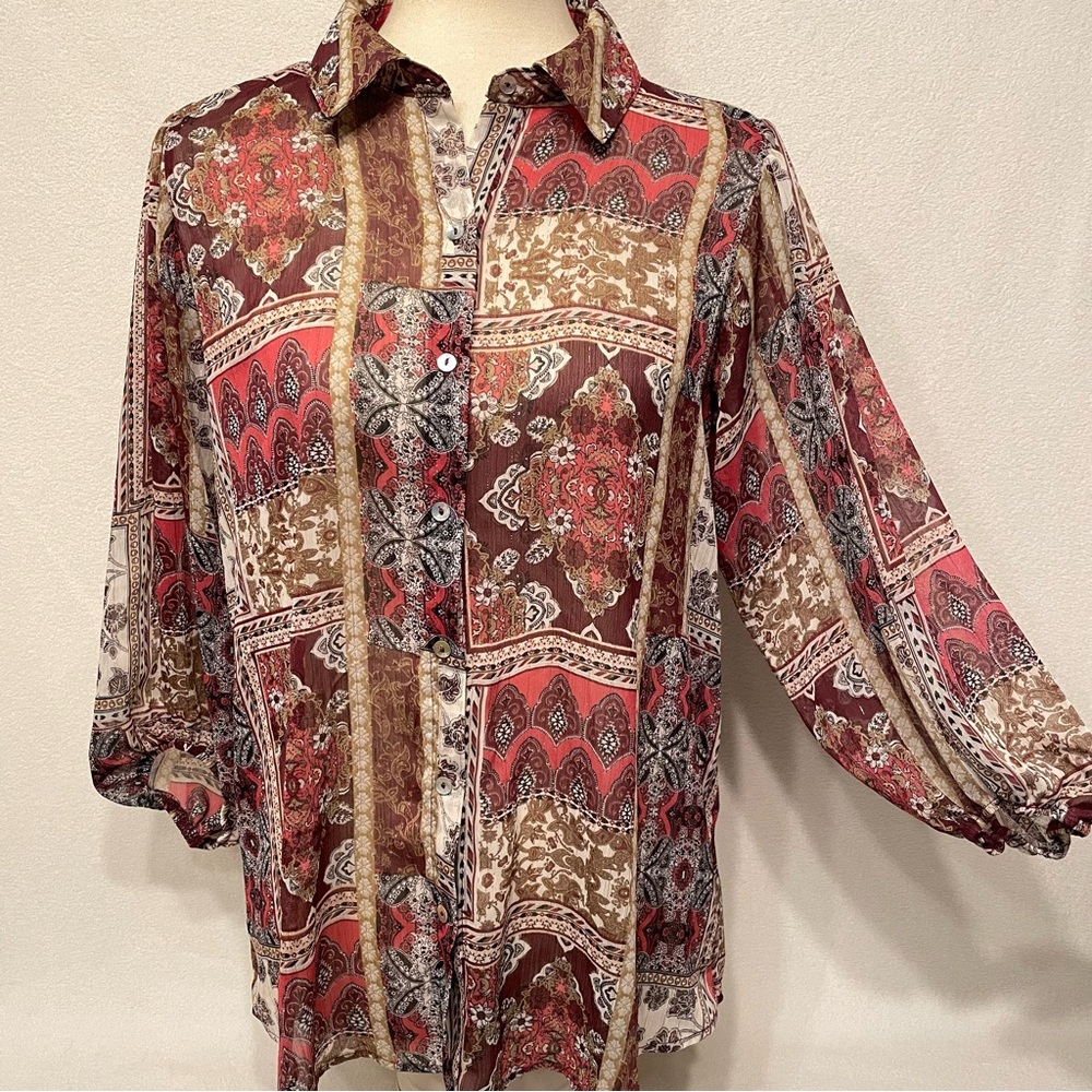 HAVER London Boho Patchwork Print Button Down Sheer Blouse M Medium